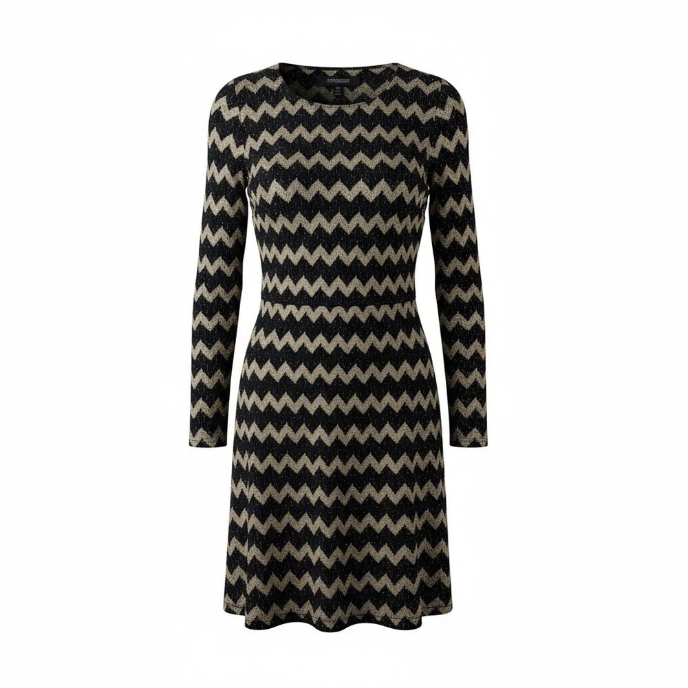 Nine West Womens Black Gold Metallic Chevron Zigzag Long Sleeve Sheath Dress 4